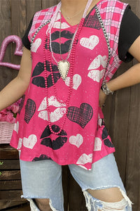 XCH14675 Heart&lips/checked multi color printed webbing trim black short sleeve women fuchsia top