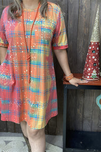 GJQ14144 Checked colorful multi color printed short sleeve w/side pockets women dresses (AS7)