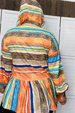 GJQ8019 Multi color striped long sleeve baby doll blouse w/hoodie ruffle bottom