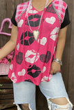 XCH14675 Heart&lips/checked multi color printed webbing trim black short sleeve women fuchsia top