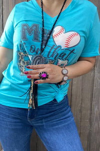 XCH13473 "MY HEART IS ON THAT FIELD" Baseball & leopard printed turquoise t-shirt(BS9