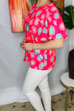 BQ15248 Coral&mint multi color circle graphic printed short bell sleeve women fuchsia tops