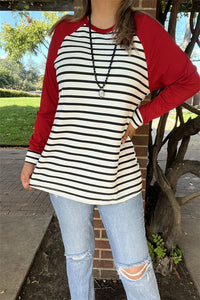 BQ15480 Black/white stripe printed solid red long sleeve women top w/raglan design