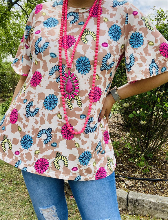 GJQ13710 Fuchsia&Turquoise Leopard multi colors printed short sleeves women tops