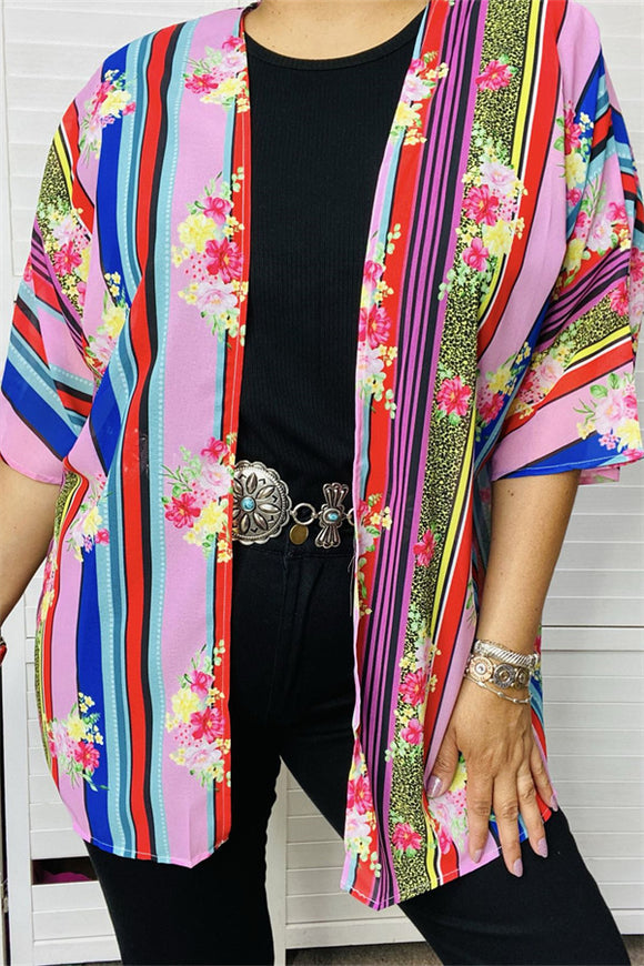YT1213 Multi color striped shear kimono w/floral & leopard print for women