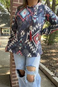 XCH15690 Aztec multi color printed women hoodie/tops w/string&front pockets long sleeve