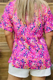 GJQ15843 Yellow floral multi color printed short sleeve V-neckline women tops w/side slits