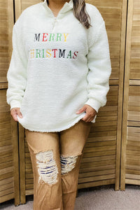 BQ15440 "MERRY CHRISTMAS"words embroidery white polyester fur w/zipper long sleeve women top