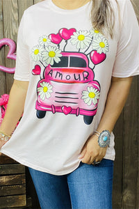 DLH13526 "A mouR"&fuchsia car/heart/sunflower multi color printed short sleeve women L.pink tops