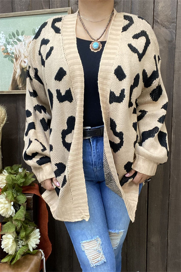 MY15287 Black leopard printed beige color long sleeve/tighten cuff knitted fabric women sweater/cardigan