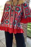 YMY15524 Mint/Turquoise/Red  printed short sleeve w/red ruffle trim&bottom loose neckline women blouse