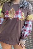 XCH15726 Christmas trees sequin&cloth patch sewing on the brown fabric w/checked printed long sleeve women tops