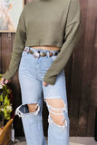 BQ15469 Olive green long sleeve turtleneck sweater off shoulder short design for women