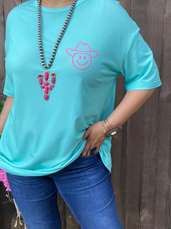 XCH14434 Smile face printed turquoise background short sleeves women blouse