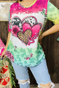 DLH13025 Colorful printed love hearts & leopard  short sleeve women top