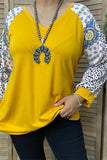 GJQ13086 Yellow mustard blouse raglan w/ 3/4  leopard printed sleeves (DS8)