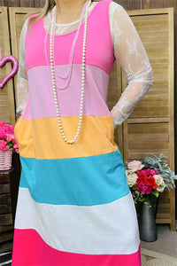 XCH15894 Block pink/mint/yellow/white multi color printed sleeveless women dress w/side pockets
