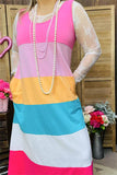 XCH15894 Block pink/mint/yellow/white multi color printed sleeveless women dress w/side pockets