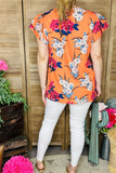 GJQ15656 Floral multi color printed short sleeve/double ruffle women orange tops