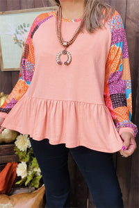 XCH15485 Floral multi color printed long sleeve pink solid color for body w/ruffle bottom women top raglan design