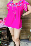 PA15539 Multi color embroidery short sleeve women fuchsia blouse/tops w/string