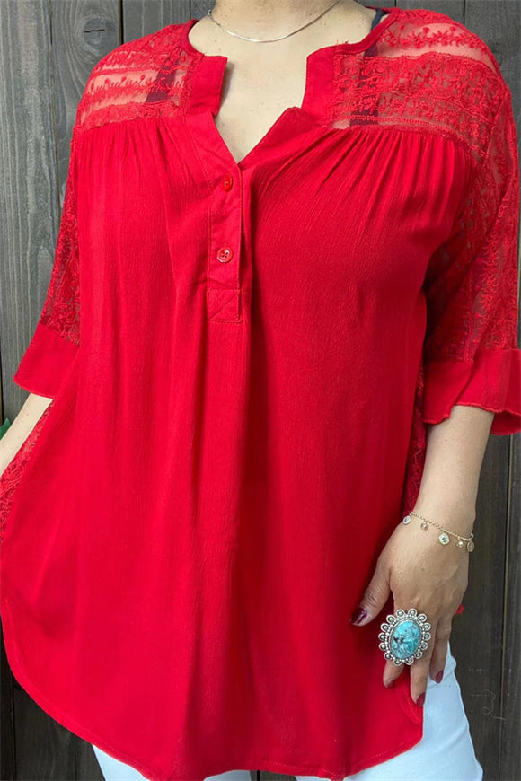 BQ13302 Red color printed button down lace short sleeves women tops