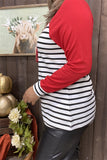 BQ15480 Black/white stripe printed solid red long sleeve women top w/raglan design