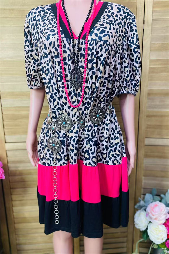 GJQ15746 Leopard printed fuchsia/black solid color short sleeve women dress w/side pockets