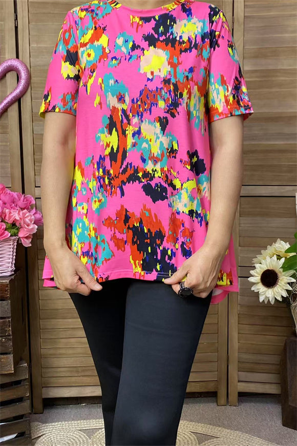 GJQ15884 Teal&yellow multi color graphic printed short sleeve pink women tops