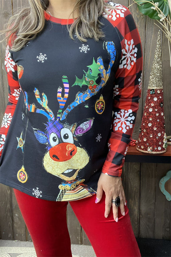 XCH15475 Christmas David's deer&snow w/red&black checked multi color printed black body women tops raglan design