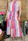 GJQ13495 Multi color striped printed sleeveless maxi dress w/side pockets&waist straps