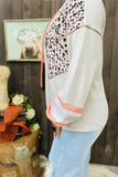 GJQ15315 Side leopard printed outside sewing design beige solid long sleeve women tops