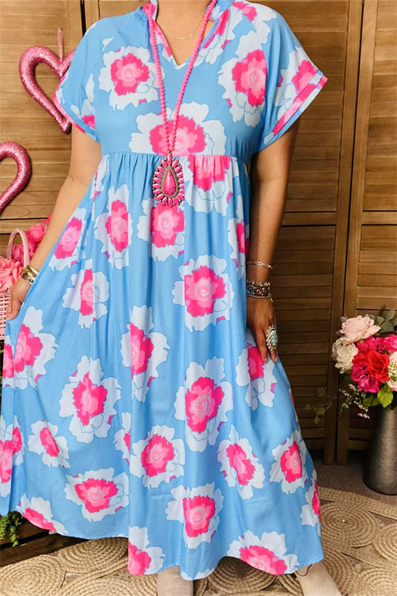 XCH15912 Fuchsia multi color floral printed short sleeve w/double trim long women blue dress w/side pockets