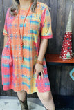 GJQ14144 Checked colorful multi color printed short sleeve w/side pockets women dresses (AS7)