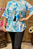 BQ15867 Wave graphic teal&turquoise short sleeve w/ruffle women tops