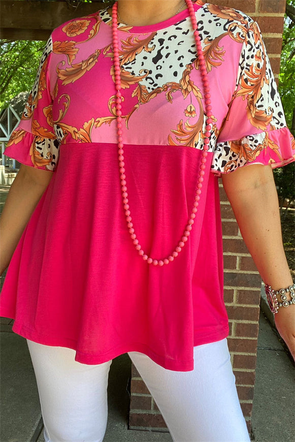 GJQ14900 Cow pink block fuchsia paisley printed ruffle short sleeves women tops (ES1)