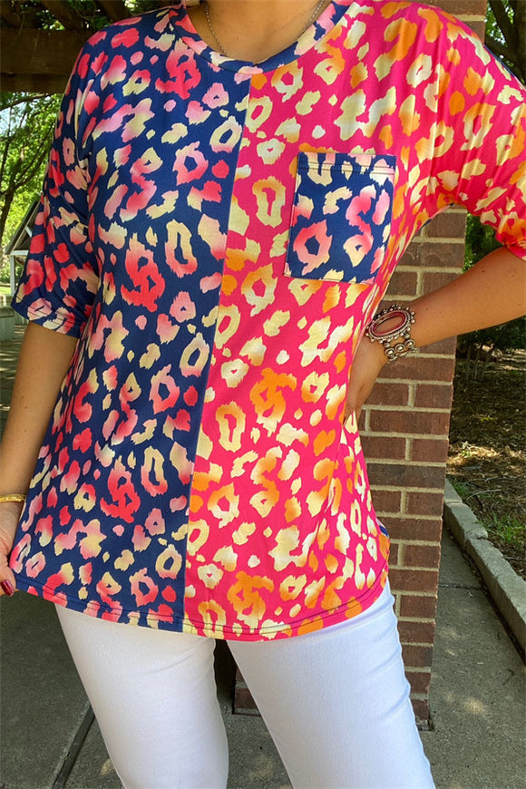 YMY13878 Half leopard printed patterns short sleeve top w/pocket women tops