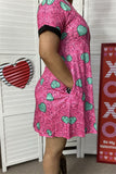 XCH14530 Paisley & Leopard fuchsia/teal heart multi color printed short sleeve women dress