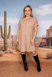 Tan solid color short sleeve/ fold trim women dress XCH15454  ES10