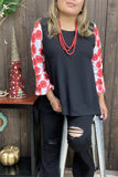 XCH15463 Red floral printed 3/4 bell sleeve black solid body color women tops