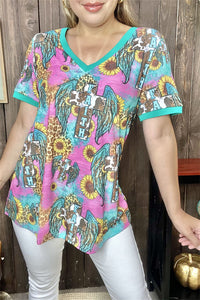 XCH12474 Faith cross w/wings & sunflower multi color printed short sleeve women top (BS12)