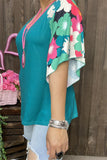 XCH15714 Floral multi color printed short /bell sleeve teal women tops &raglan design