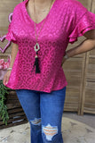 BQ15891 Fuchsia leopard printed short sleeve w/double ruffle women fuchsia tops