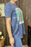 XCH12489 Sunflower&leopard multi color printed the denim Blue fabric short sleeve women tops(DS2)