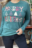 DLH10325 "MERRY CHRISTMAS"graphic multi color printed long sleeve green women tops