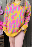 MY13394 Pink/yellow/teal leopard knitted long sleeve women sweater