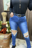 S004 Big hole on the knee blue fashion style women tighten jean pants