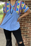 GJQ10633 Blue/yellow/rust red color printed Aztec V-neckline short sleeve women blue tops(DS8)