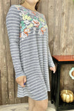 XCH11733 Gray/white striped & floral printed long sleeve w/side pockets women dress (AS1)