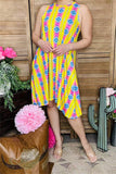 BQ10655 Yellow/pink Aztec multi color printed sleeveless dress w/pockets